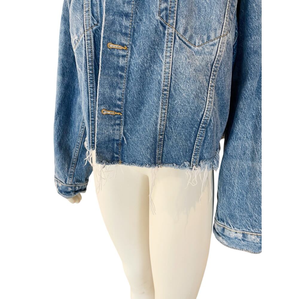 Free People Amelia Medium Wash Slouchy Trucker Denim Jacket Raw Hem - Picture 6 of 12